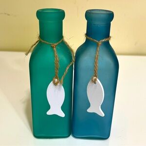 Set of Two Teal and Blue Decorative Bottles with charms